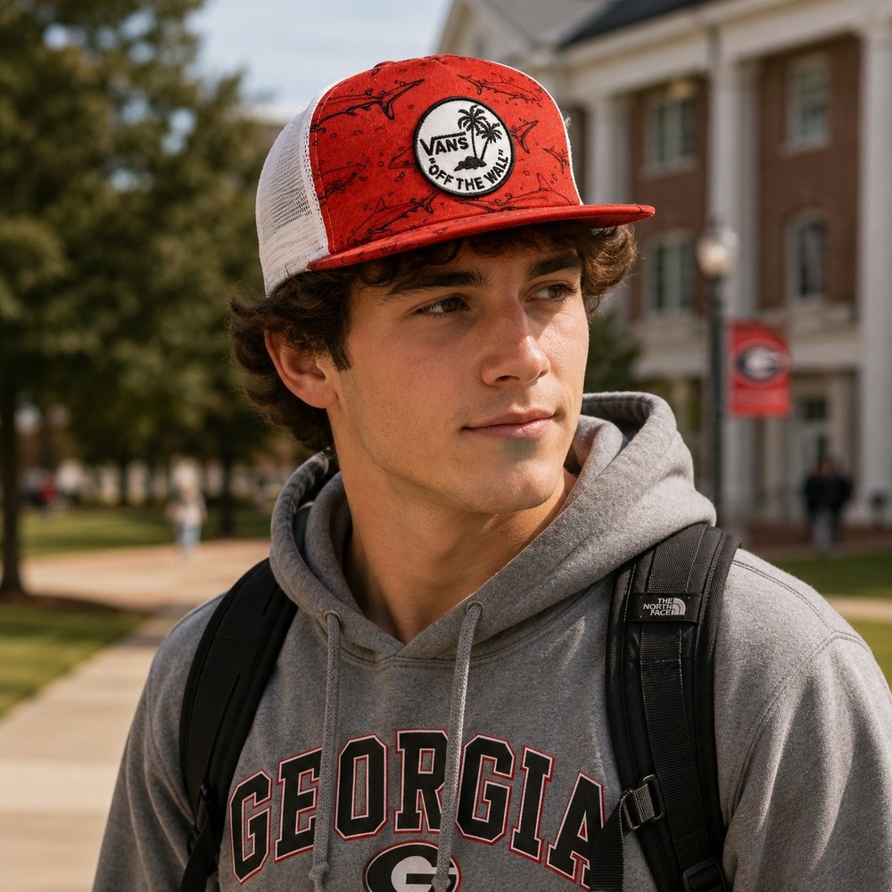 Vans Off The Wall Shark Print Trucker Hat Red White Snapback Mesh Cap OSFA